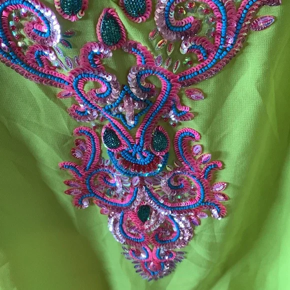 Lucky & Coco sz L Embroidered Lime Green beaded swimsuit coverup euc - Picture 3 of 6